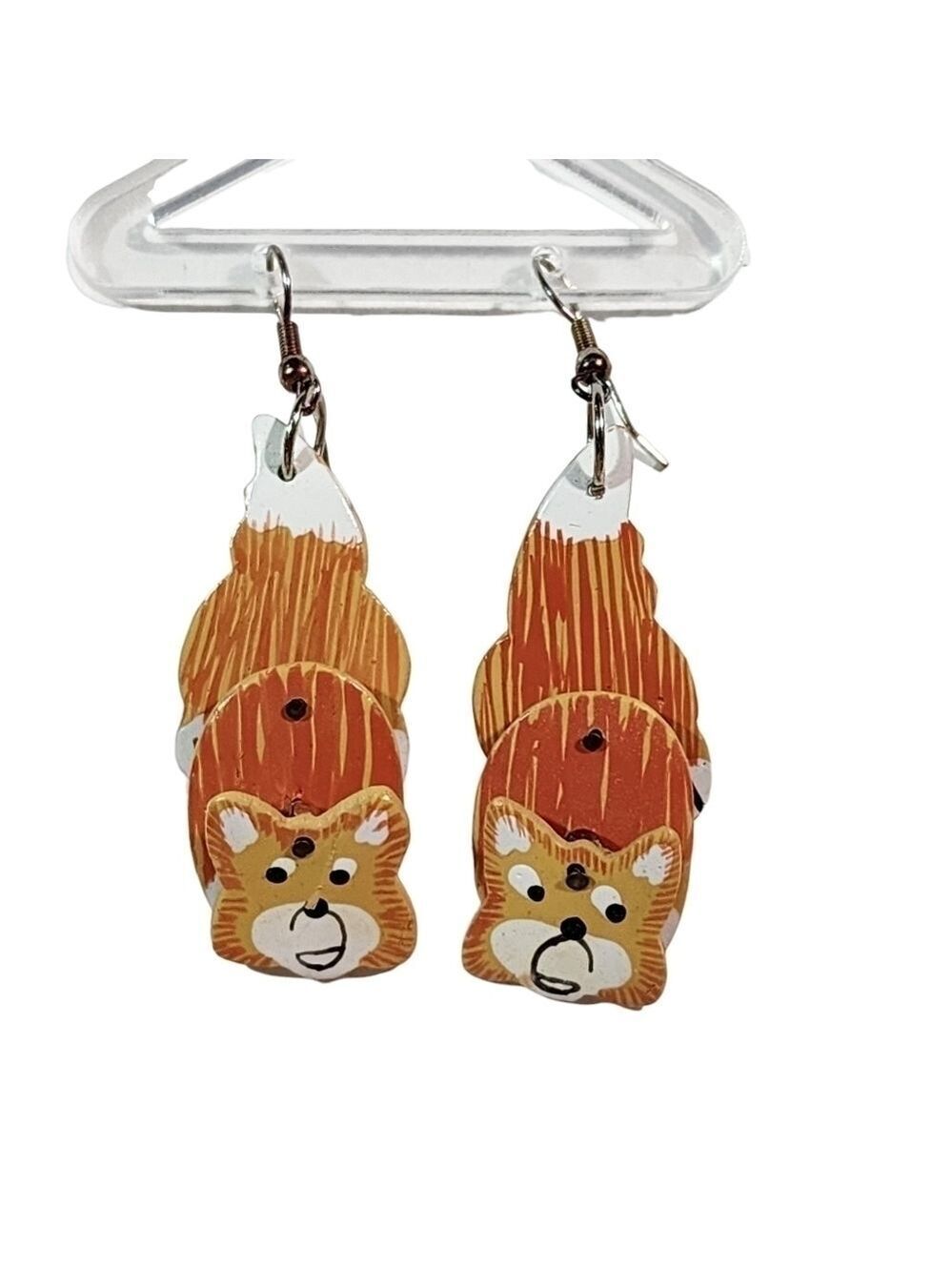 Vintage painted wood articulated dangle Orange Cat or Fox earrings pierced